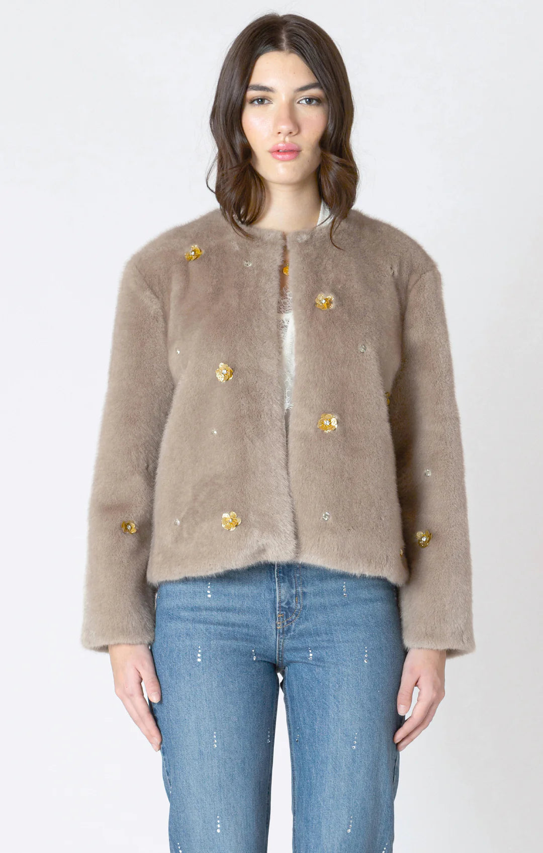 DEX BLACK TAPE-FAUX FUR EMBELLISHED JACKET IN FROSTED MOCHA