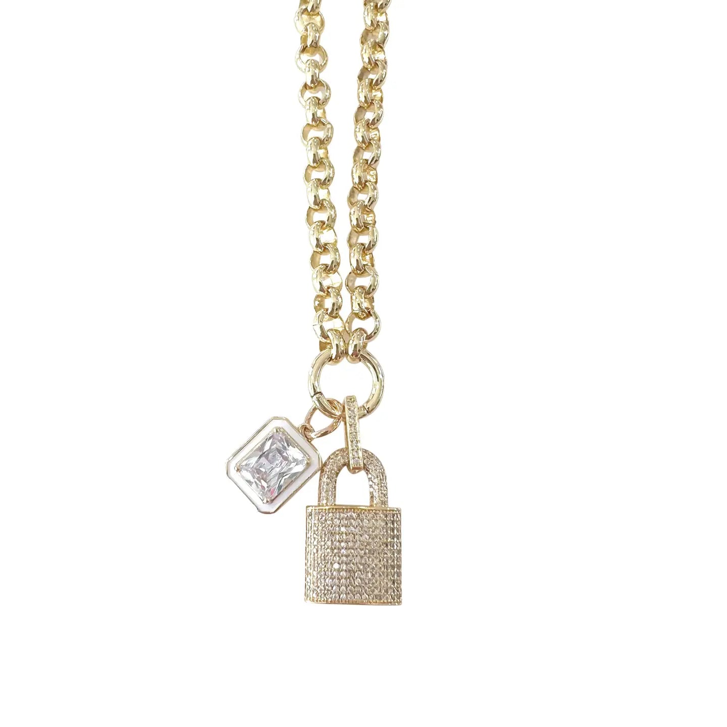 GEMELLI-DIAMOND LOCK CHARM NECKLACEN