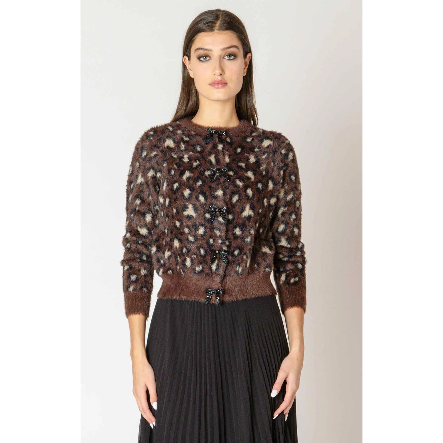 DEX BLACK TAPE-SOFT TOUCH PATTERNED CARDIGAN IN BROWN LEOPARD