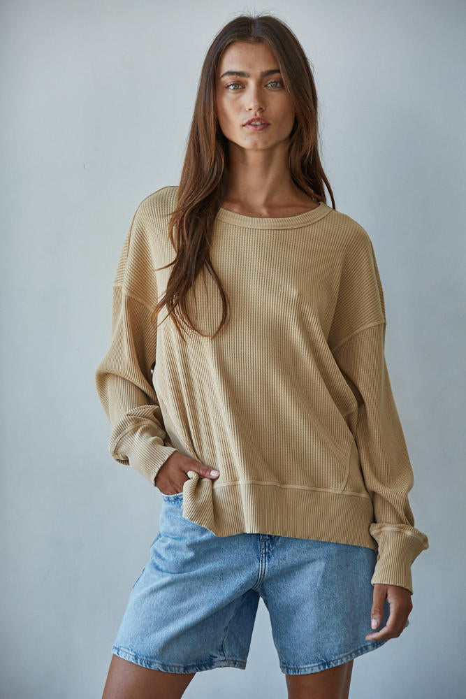 BY TOGETHER-HOMEBODY WAFFLE KNIT PULLOVER