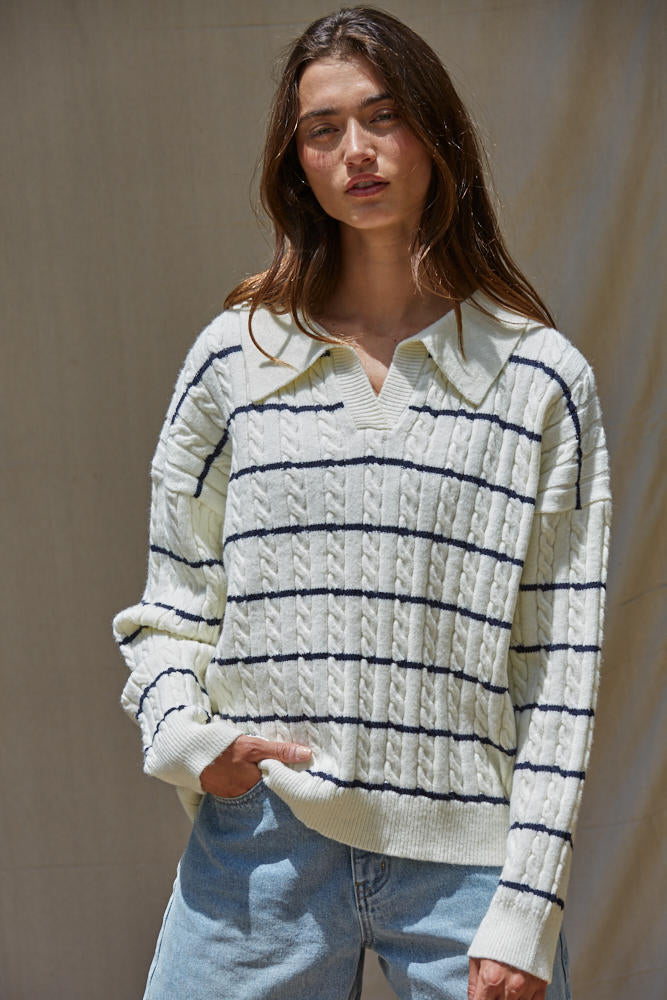 BY TOGETHER-ACADIA STRIPED POLO SWEATER