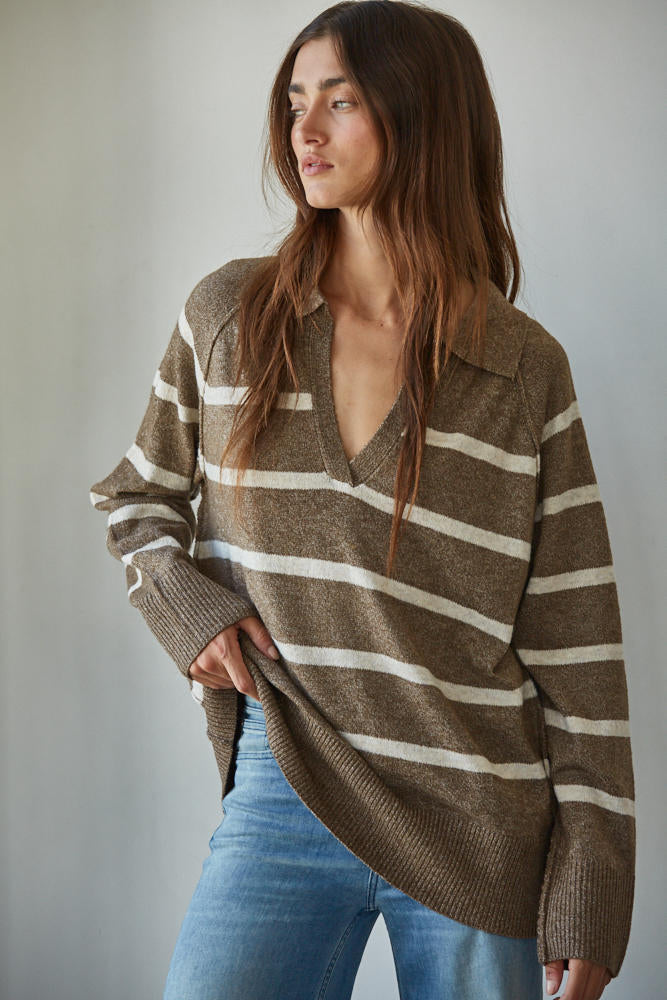 BY TOGETHER-GRAHAM STRIPED POLO PULLOVER