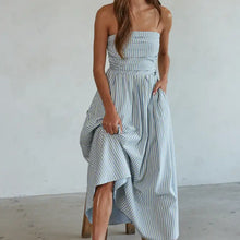 Load image into Gallery viewer, BY TOGETHER- STRIPED TUBE NECK STRAPLESS MIDE DRESS
