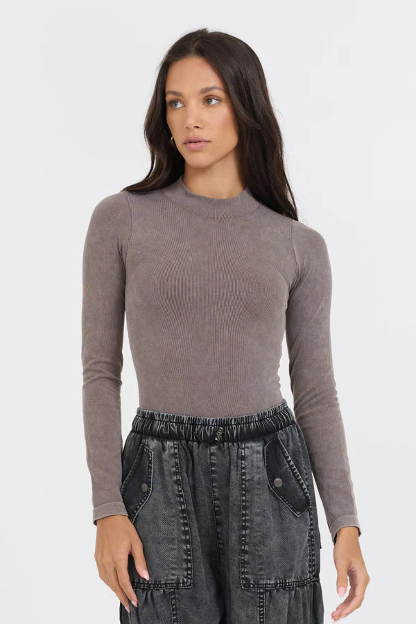 Vintage Havana- Washed Taupe Seamless Mock Neck Top