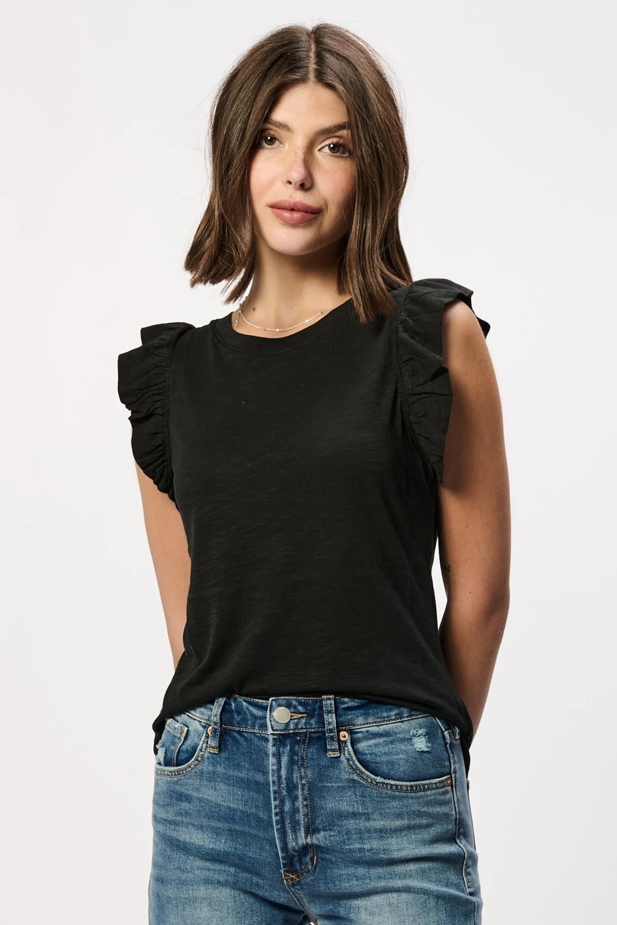 ANOTHER LOVE-NORTH RUFFLE TRIMMED TOP BLACK