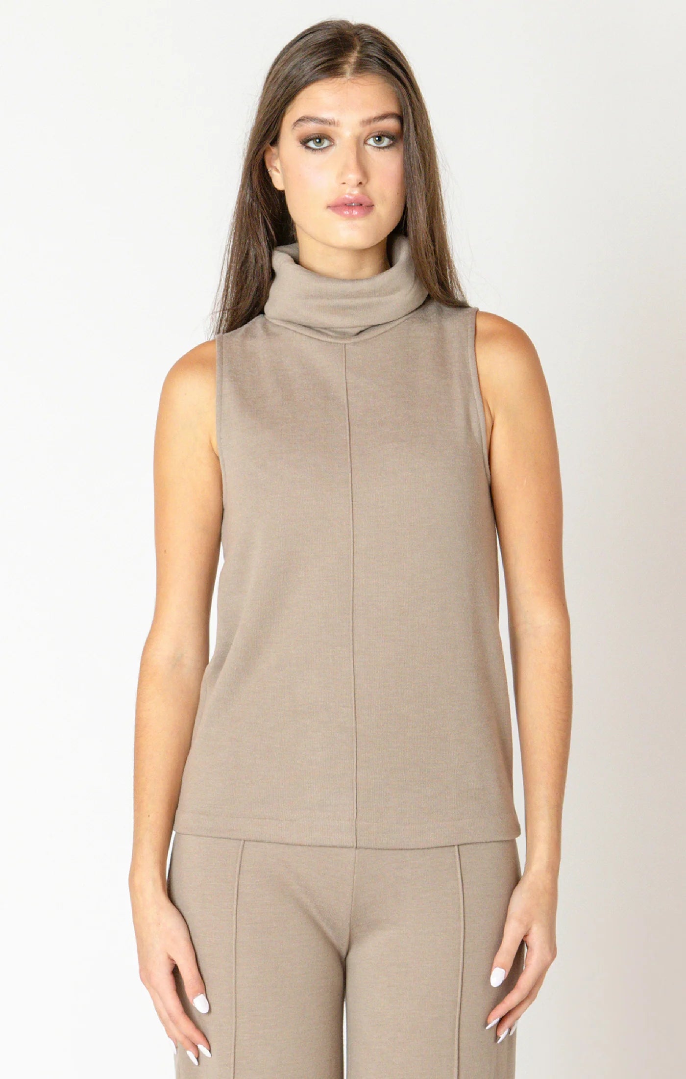DEX/BLACK TAPE-ROLLED NECK SEAMED TOP IN ALMOND