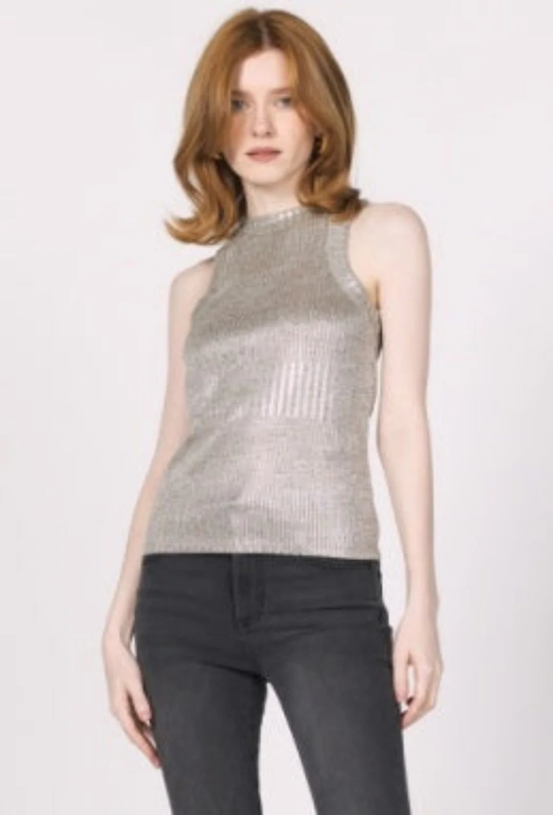ANOTHER LOVE-PAMELA HALTER SLEEVELESS TOP IN SILVER FOIL
