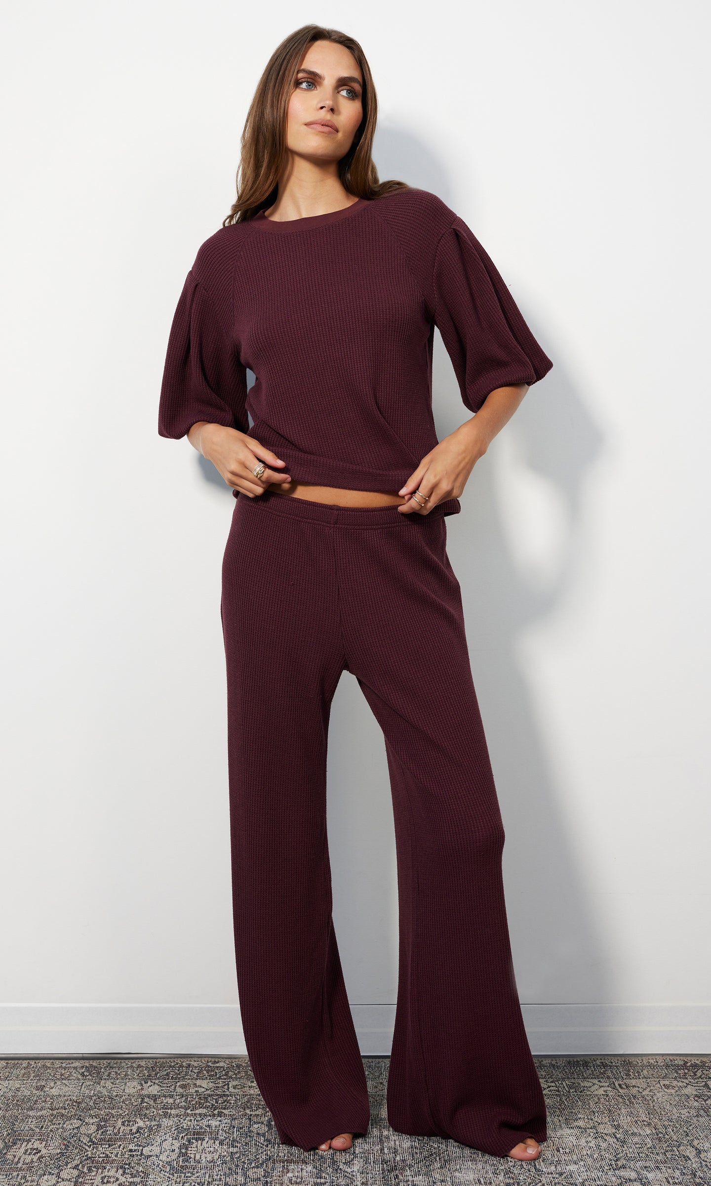 BOBI-WIDE LEG DRAWSTRING PANT IN CHARCOAL CHERRY