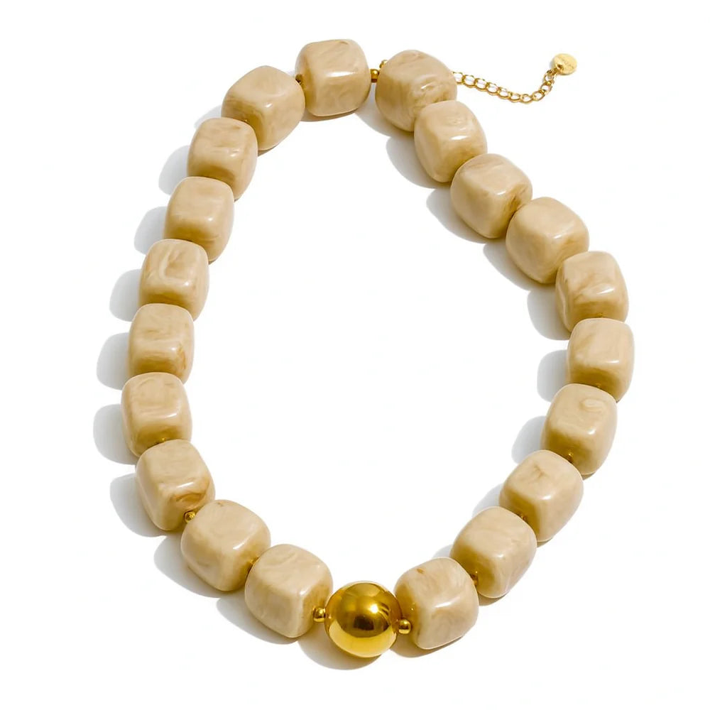 SAHIRA-PEBBLES BEIGE BEADED NECKLACE