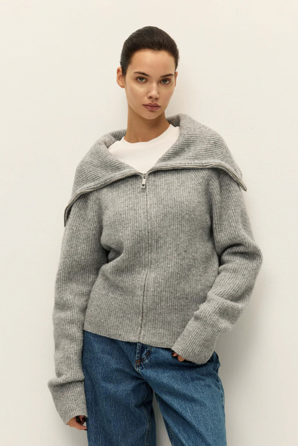 ELODIE-LEIGH ZIP UP SWEATER HEATHER GREY