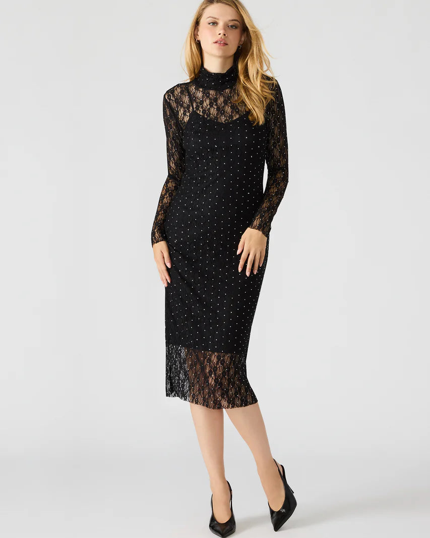 STEVE MADDEN-VIVIENNE STUDDED LACE DRESS BLACK